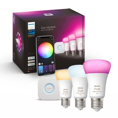 Стартовый комплект Philips Hue E27 White and Color 1100лм 75Вт 3 шт. + Philips Hue Bridge, Apple HomeKit 929002468804 фото