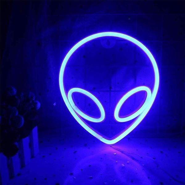Декоративний настінний неоновий світильник Інопланетянин UFO синій на батарейках/USB 19.5*22 см Neon_alien_blue фото