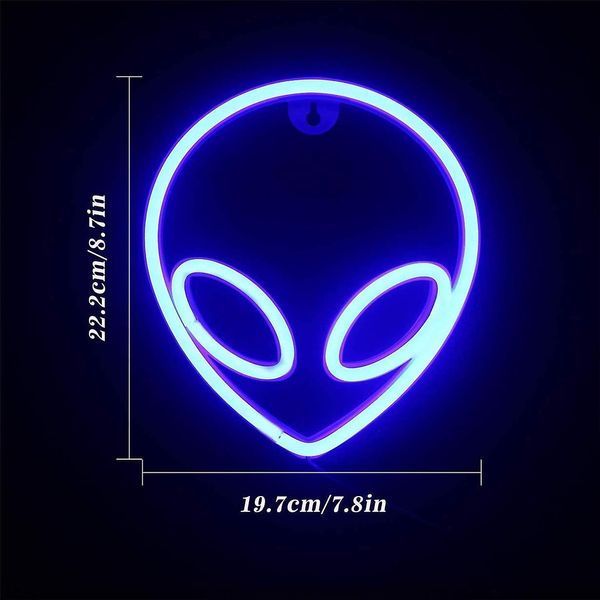 Декоративний настінний неоновий світильник Інопланетянин UFO синій на батарейках/USB 19.5*22 см Neon_alien_blue фото