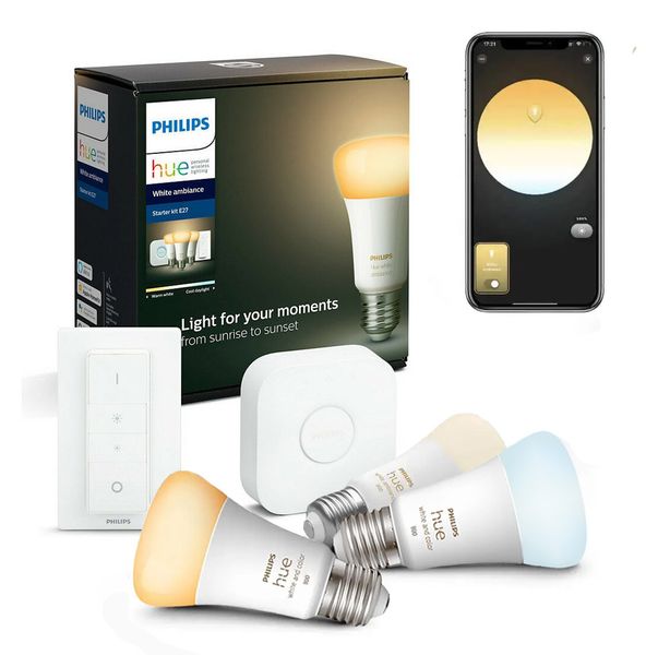 Стартовий комплект Philips Hue E27 White Ambiance 800лм 60Вт 2шт + Dimmer + Philips Hue Bridge, Apple HomeKit 871869967369 фото