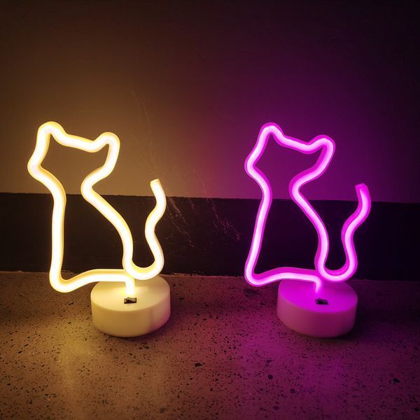 Настольный неоновый светильник "Котик" желтый на подставке на батарейках/USB 18х22 см neon_cat_stand_white фото