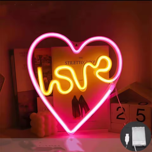Настольный неоновый светильник "Сердце LOVE" жёлто-розовый на подставке на батарейках/USB 26х28 см Neon_heart_love фото