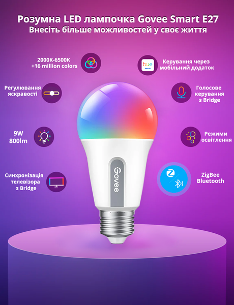 Розумна LED лампочка Govee Smart E27 White and Color RGBWW 800лм 9W 2шт. H6008 фото