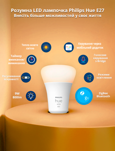 Розумна LED лампочка Philips Hue E27 White 800лм 60Вт 9W, ZigBee, Bluetooth, Apple HomeKit 929001821618 фото