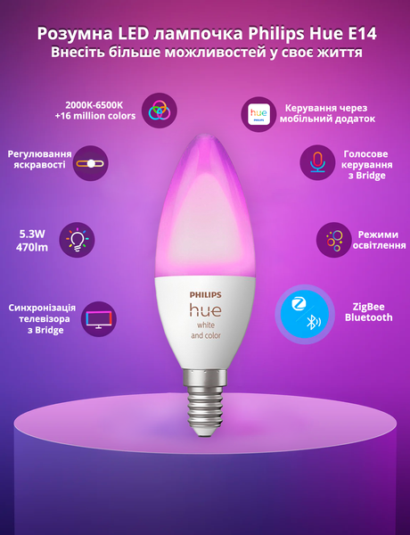 Розумна світлодіодна лампочка Philips Hue White and Color E14 470лм 40Вт 5.3 W ZigBee, Bluetooth, Apple HomeKit 1шт. 929002294202 фото