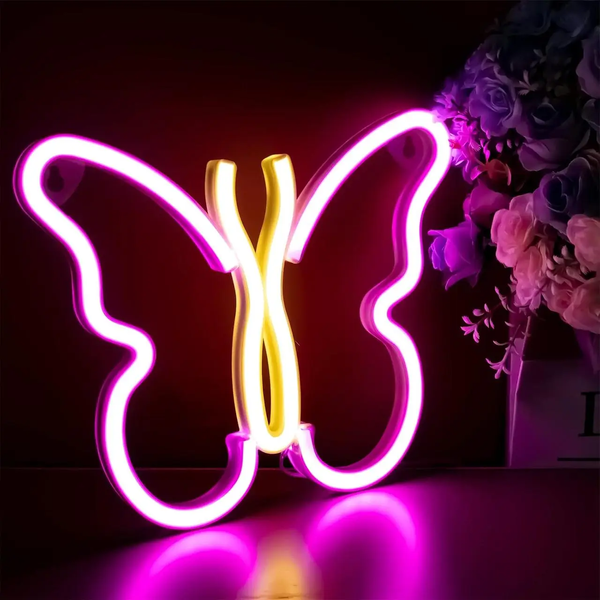 Неоновий LED світильник &laquo;Метелик&raquo; рожево-жовтий на батарейках/USB 20х23 см Neon_butterfly_2 фото